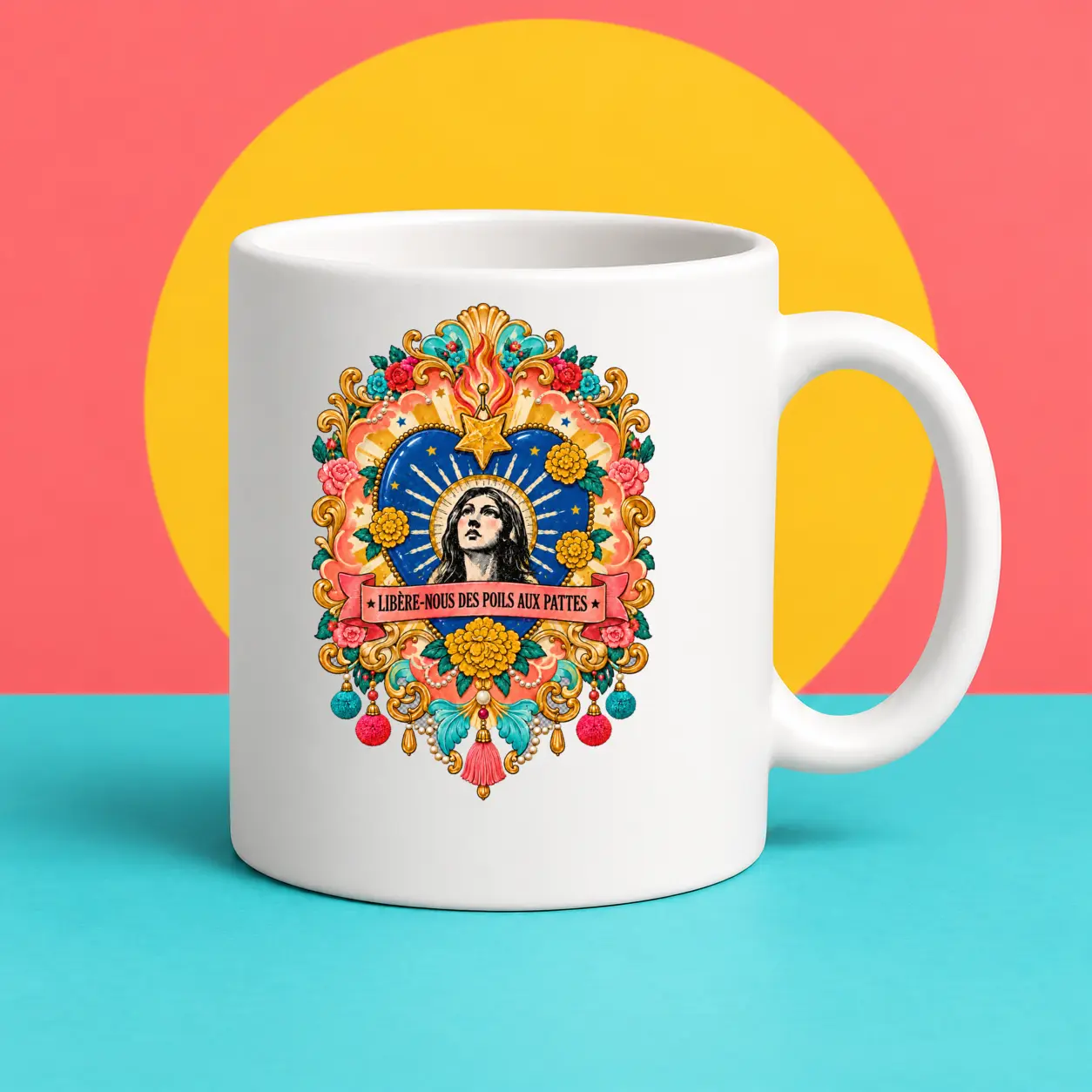 Mug blanc mat imprimé avec l’ex-voto Libère-nous des poils aux pattes